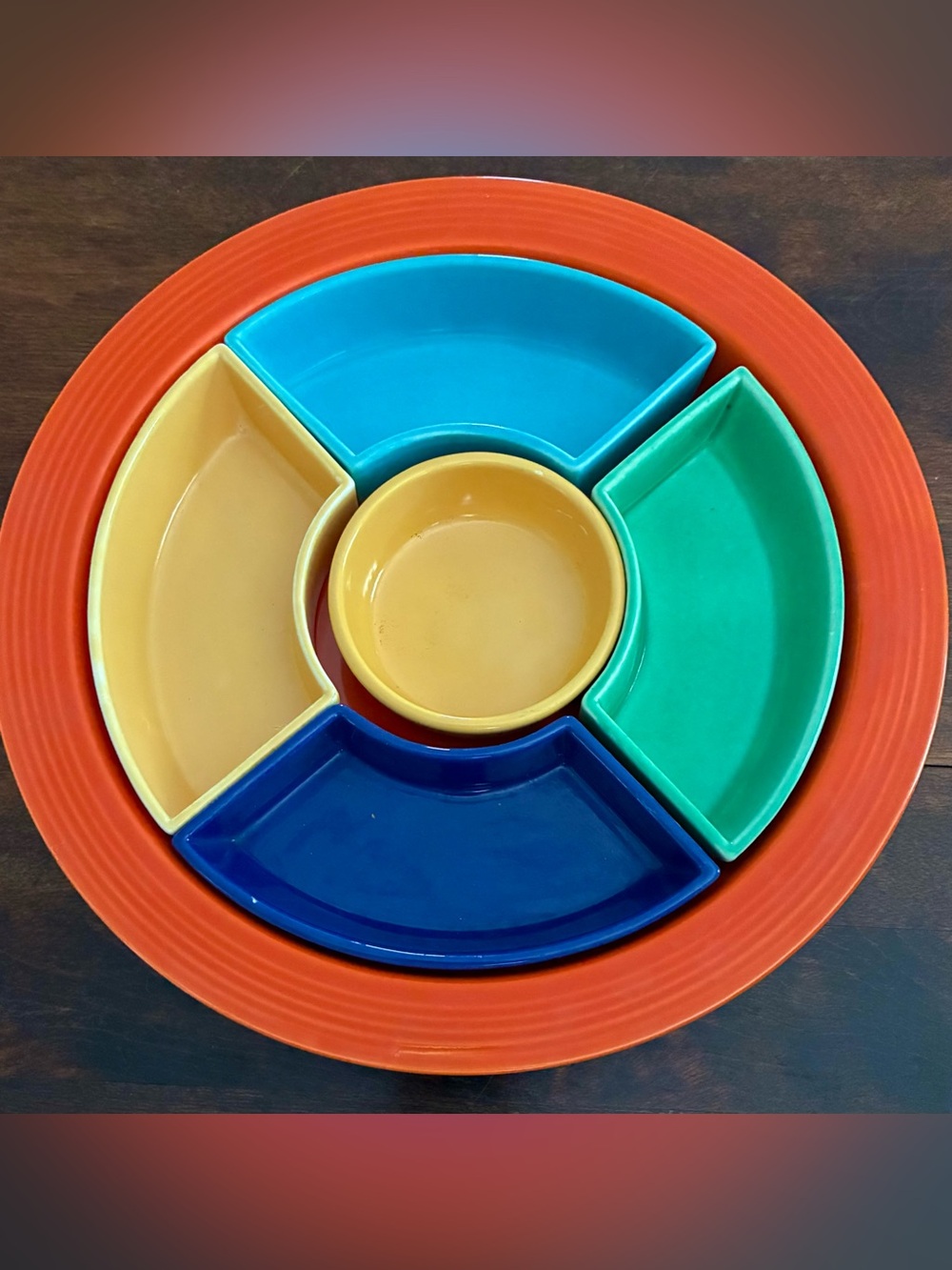 VTG Fiestaware Relish Tray & Inserts with RARE Orange Plate Base - VERY GOOD!